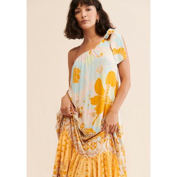 NEW Free People COTE D AZUR One Shoulder Flowy Maxi Dress in Tea Combo S NWOT - Picture 6 of 10